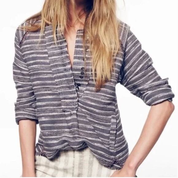 Free People Sweaters - Free People Striped Tweed Hideaway Henley Top Boho Oversized Long Sleeve SZ S
